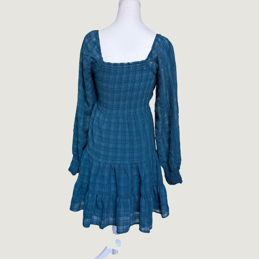 Urban Outfitters Smocked Plaid Mini Dress Teal Blue Long Sleeve Tiered XS - Picture 2 of 9